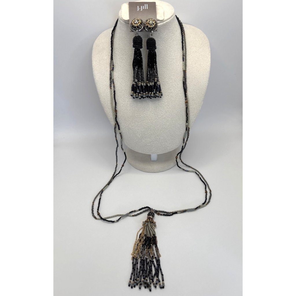 J. Jill Beaded Tassel Long Black Cream 35" Necklace Matching Earrings Set New